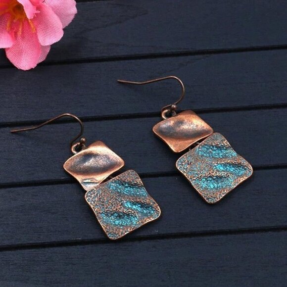 Mid Century Style Antiqued Copper Verdigris Blue Green Patina Square Earrings - Picture 1 of 4